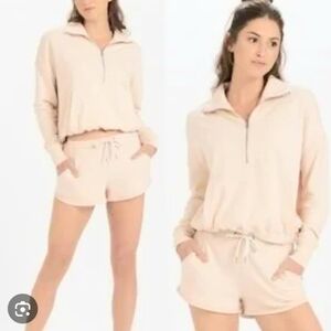 Vuori "Sunnyside" Creamy Light Pink Pullover Crop Half Zip Sweater. Cotton. L.